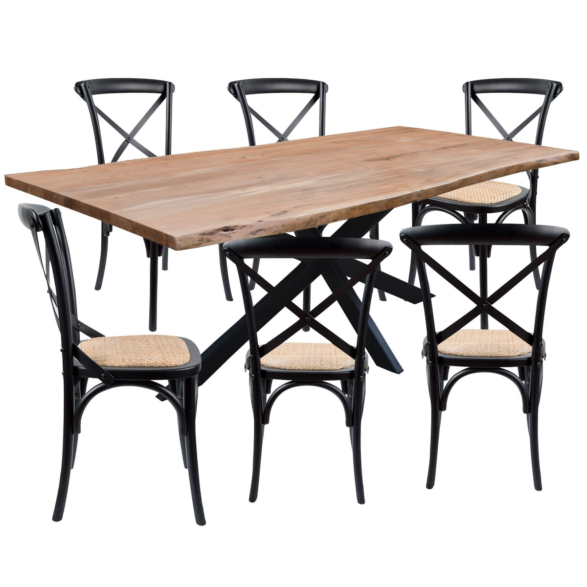 Lantana 7pc 180cm Dining Table 6 Black X-Back Chair Set Live Edge Acacia Wood