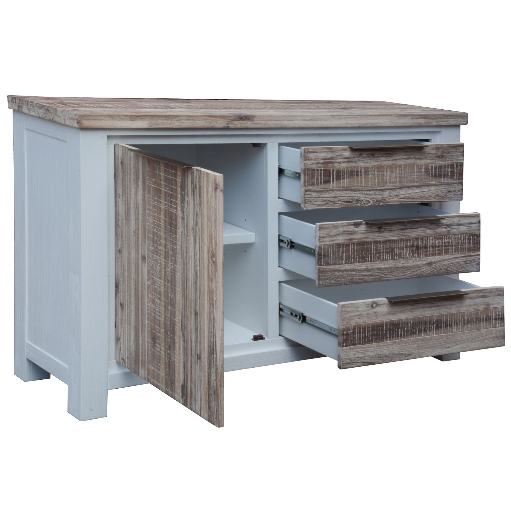 Plumeria Buffet Table 145cm 1 Door 3 Drawer Solid Acacia Timber - White Brush