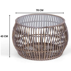 Sage 70cm Glass Topped Rattan Round Coffee Table - Natural