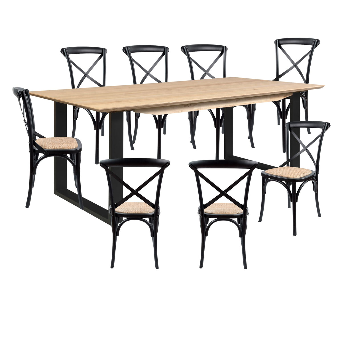 Aconite 9pc 210cm Dining Table Set 8 Cross Back Chair Solid Messmate Timber Wood