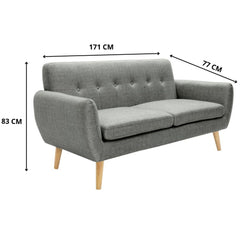 Dane 3 Seater Fabric Upholstered Sofa Lounge Couch - Mid Grey.