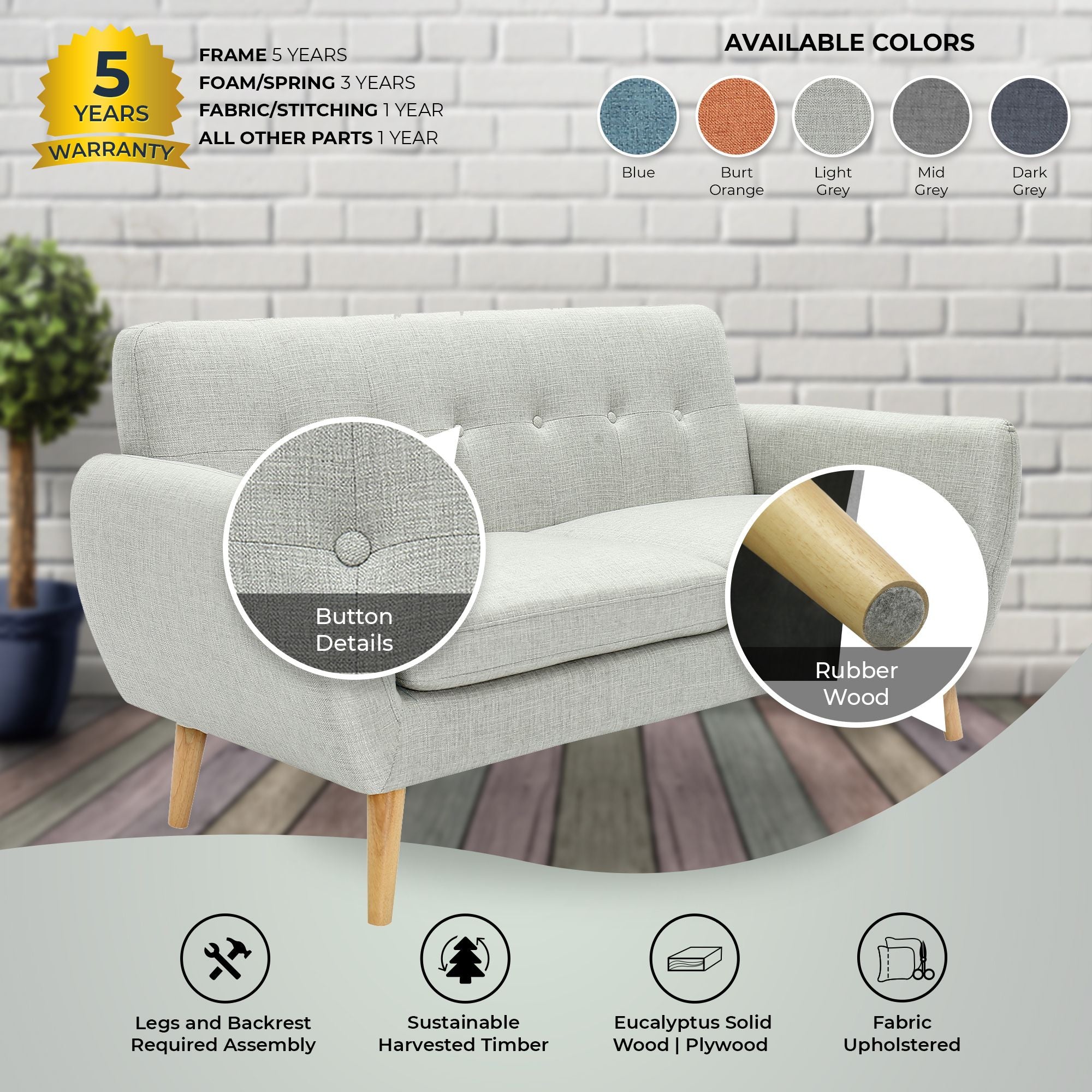 Dane 3 + 1 Seater Fabric Upholstered Sofa Armchair Lounge Couch - Light Grey.