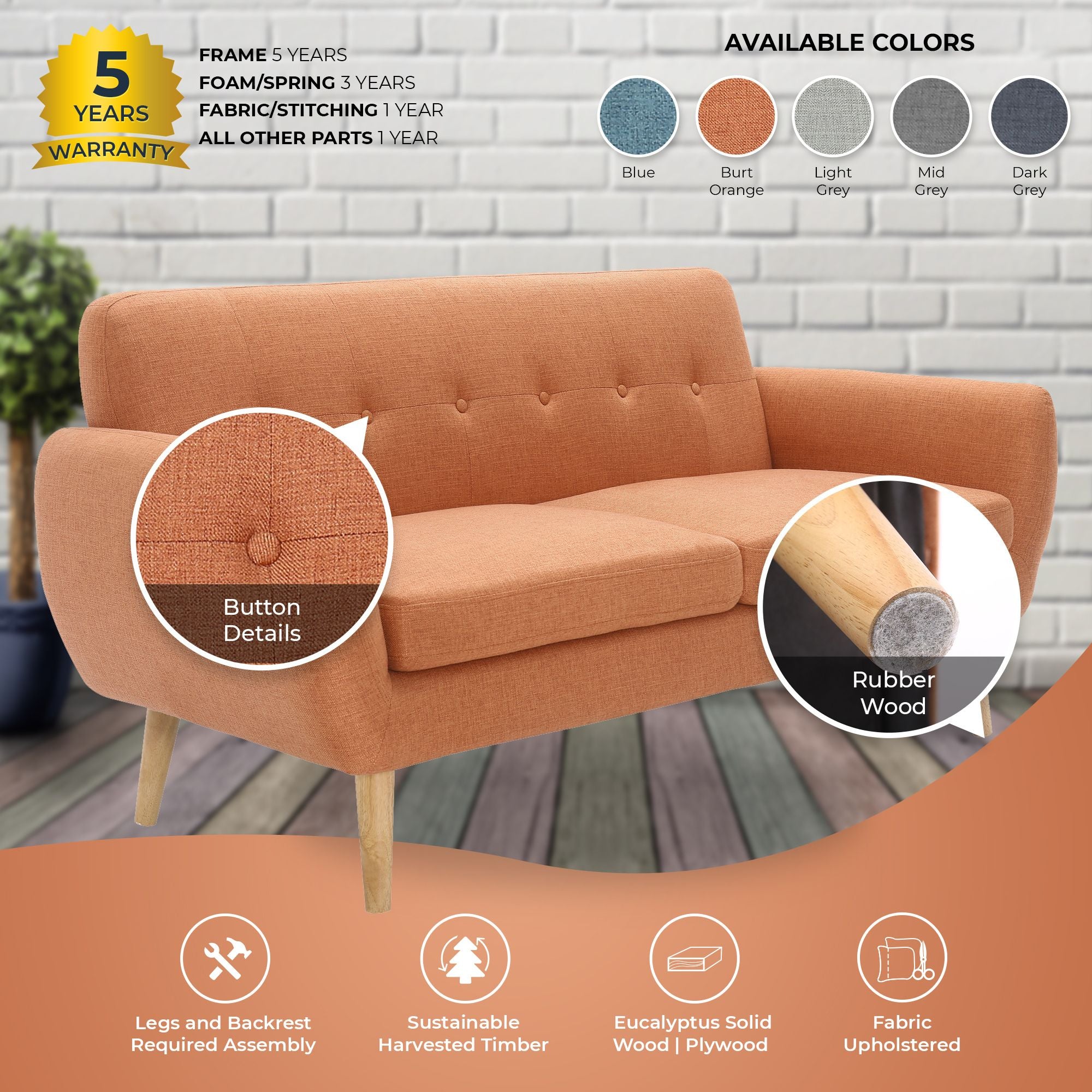 Dane 3 + 1 Seater Fabric Upholstered Sofa Armchair Lounge Couch - Orange.