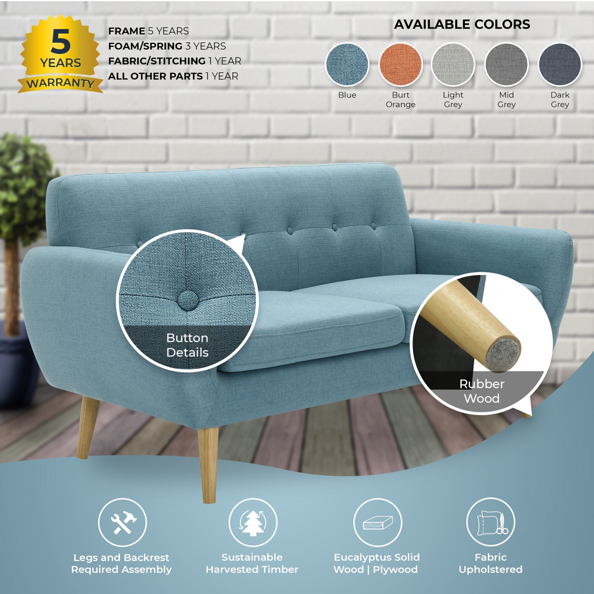 Dane 3 Seater Fabric Upholstered Sofa Lounge Couch - Blue.