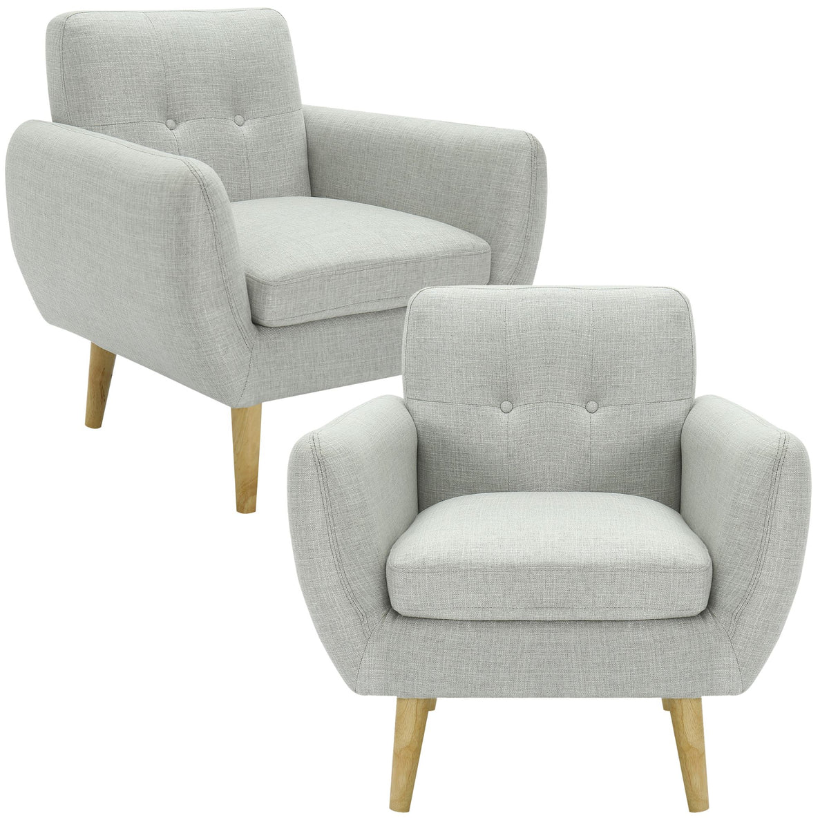 Dane Single Seater Fabric Upholstered Sofa Armchair Set of 2 - Light Grey.