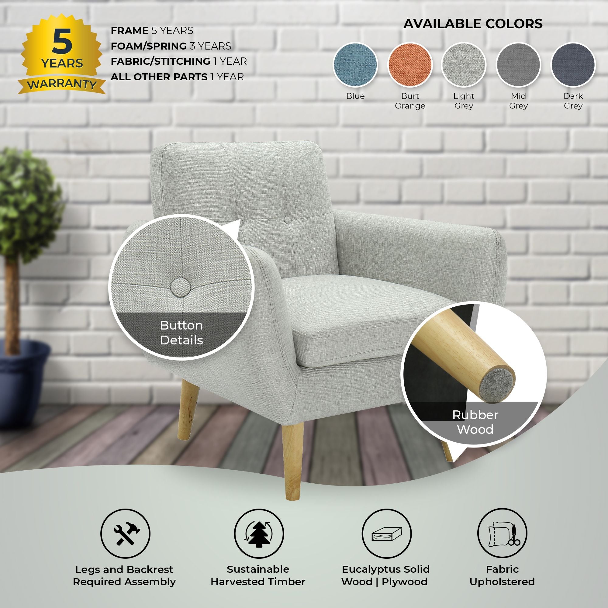 Dane Single Seater Fabric Upholstered Sofa Armchair Set of 2 - Light Grey.