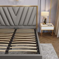 Menlo Elegant Luxury Bedframe PU Leather Golden Trim Grey-King