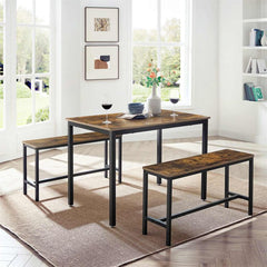 VASAGLE Industrial Rustic Brown Dining Table with 2 Benches