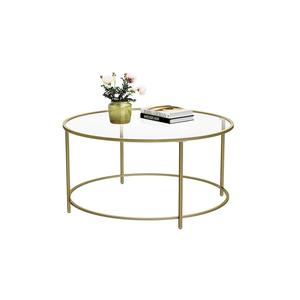 VASAGLE Round Glass Top Coffee Table with Metal Frame