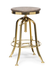 Industrial Height Adjustable Swivel Bar Stool with Oak Wood Top - Gold Finish