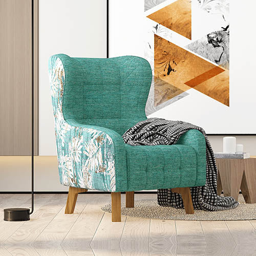 Armchair High back Lounge Accent Chair Designer Printed Fabric with Wooden Leg.