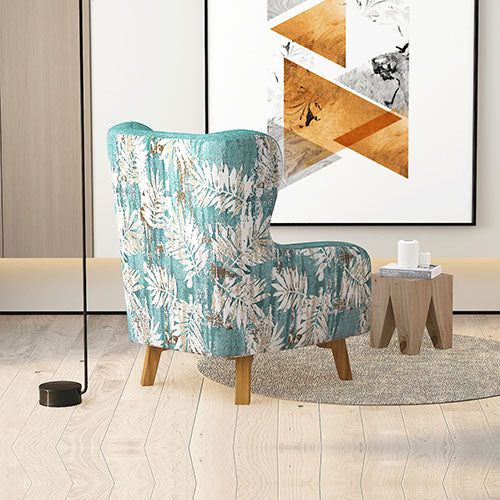 Armchair High back Lounge Accent Chair Designer Printed Fabric with Wooden Leg.