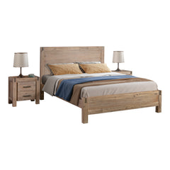 3 Pieces Bedroom Suite in Solid Wood Veneered Acacia Construction Timber Slat Queen Size Oak Colour Bed, Bedside Table