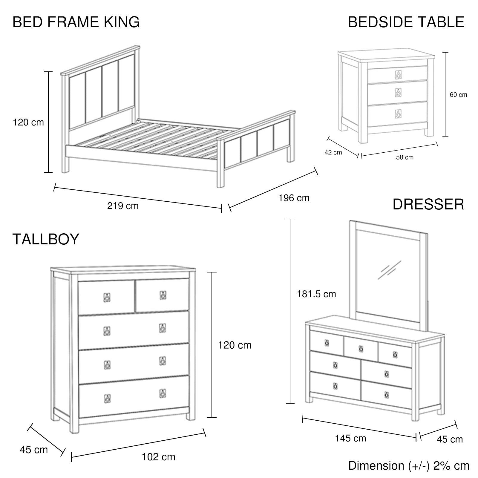 5 Pieces Bedroom Suite with Solid Acacia Wood Veneered Construction in King Size White Ash Colour Bed, Bedside Table , Tallboy & Dresser