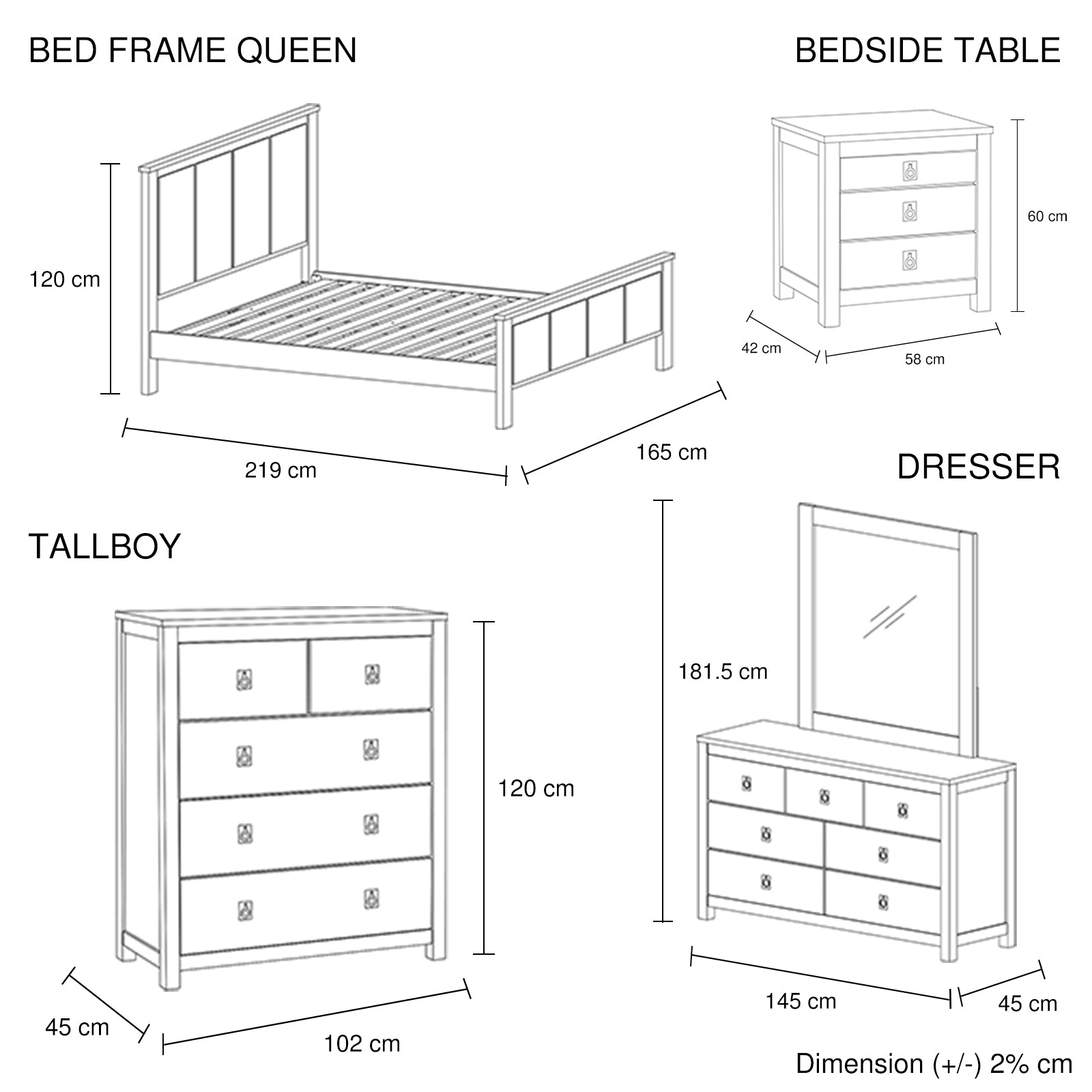 5 Pieces Bedroom Suite with Solid Acacia Wood Veneered Construction in Queen Size White Ash Colour Bed, Bedside Table , Tallboy & Dresser