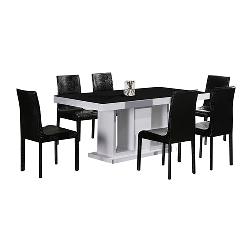 7 Pieces Dining Suite Dining Table & 6X  Black Chairs in Rectangular Shape High Glossy MDF Wooden Base Combination of Black & White Colour