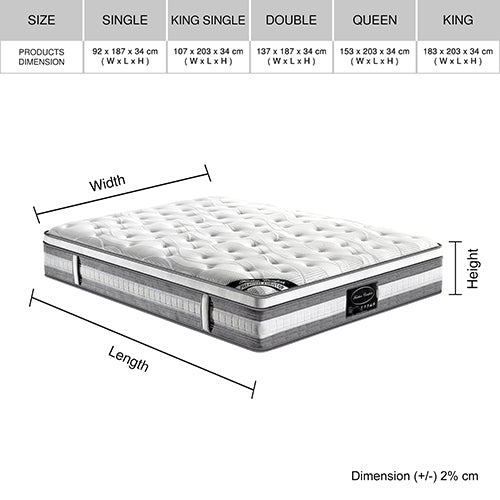 Mattress Euro Top Queen Size Pocket Spring Coil with Knitted Fabric Medium Firm 34cm Thick.