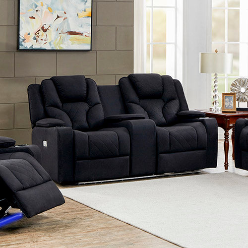 Electric Recliner Stylish Rhino Fabric Black Couch 2 Seater Lounge with LED Features.