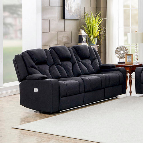 Electric Recliner Stylish Rhino Fabric Black Couch 3 Seater Lounge with LED Features.