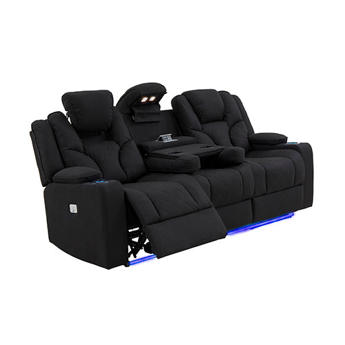 Electric Recliner Stylish Rhino Fabric Black Couch 3 Seater Lounge with LED Features.