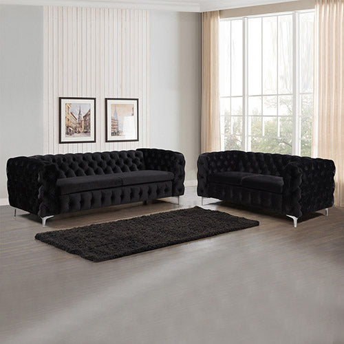 3+2 Seater Sofa Classic Button Tufted Lounge in Black Velvet Fabric with Metal Legs.