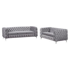 3+2 Seater Sofa Classic Button Tufted Lounge in Grey Velvet Fabric with Metal Legs.