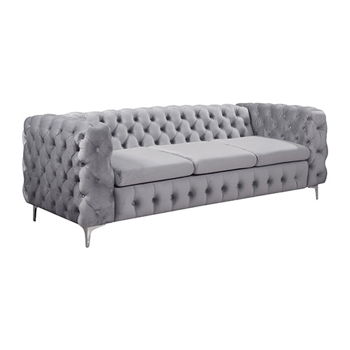 3+2 Seater Sofa Classic Button Tufted Lounge in Grey Velvet Fabric with Metal Legs.