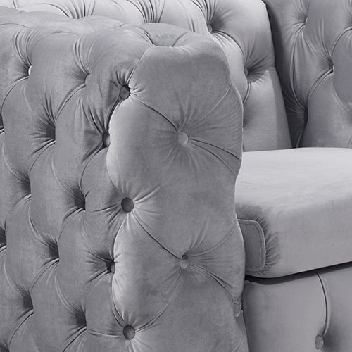 3+2 Seater Sofa Classic Button Tufted Lounge in Grey Velvet Fabric with Metal Legs.