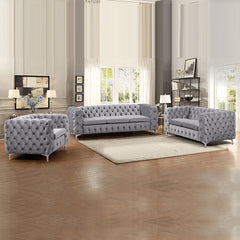 3+2+1 Seater Sofa Classic Button Tufted Lounge in Grey Velvet Fabric with Metal Legs.