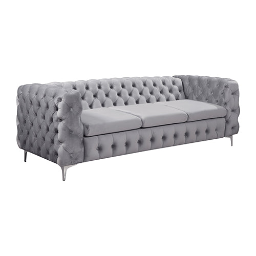 3+2+1 Seater Sofa Classic Button Tufted Lounge in Grey Velvet Fabric with Metal Legs.