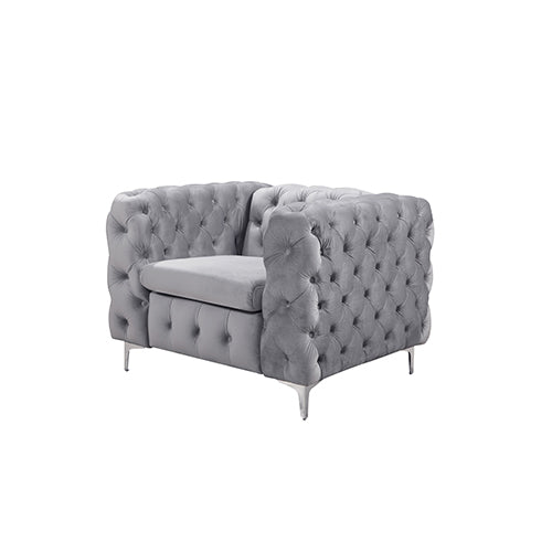 Single Seater Grey Sofa Classic Armchair Button Tufted in Velvet Fabric with Metal Legs.