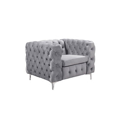 Single Seater Grey Sofa Classic Armchair Button Tufted in Velvet Fabric with Metal Legs.