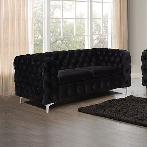 2 Seater Sofa Classic Button Tufted Lounge in Black Velvet Fabric with Metal Legs.