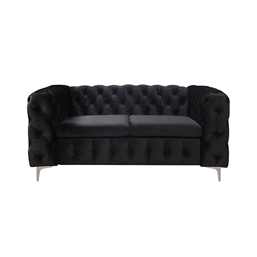 2 Seater Sofa Classic Button Tufted Lounge in Black Velvet Fabric with Metal Legs.