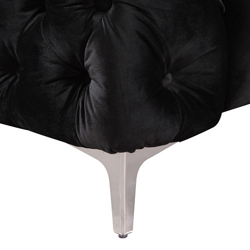 3 Seater Sofa Classic Button Tufted Lounge in Black Velvet Fabric with Metal Legs.