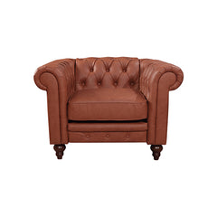 Single Seater Brown Sofa Armchair for Lounge Chesterfireld Style Button Tufted in Faux Leather.