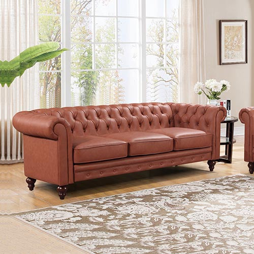 3 Seater Brown Sofa Lounge Chesterfireld Style Button Tufted in Faux Leather.