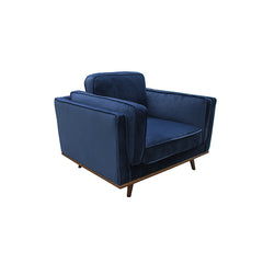Single Seater Armchair Sofa Modern Lounge Accent Chair in Soft Blue Velvet with Wooden Frame.
