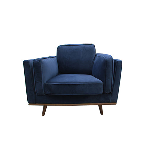 Single Seater Armchair Sofa Modern Lounge Accent Chair in Soft Blue Velvet with Wooden Frame.
