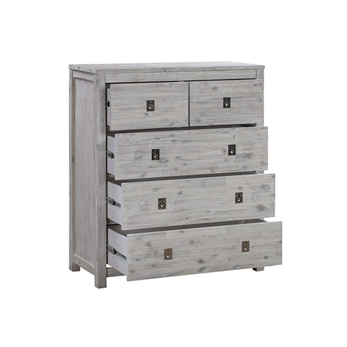 Tallboy with 5 Storage Drawers in Cloud White Ash Color with Solid Acacia Wooden Frame