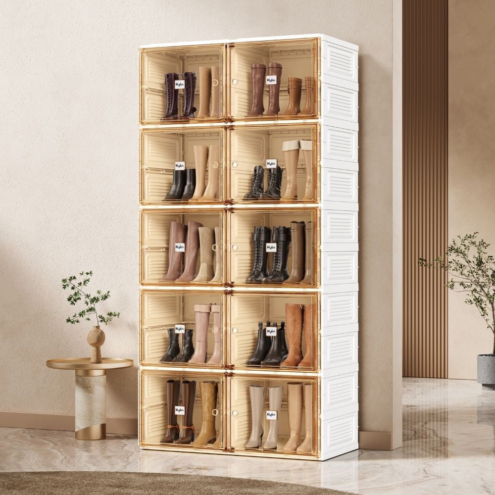 Kylin Cubes Storage Folding Shoe Cabinet With 2 Column & 10 Grids & 10 Brown Door
