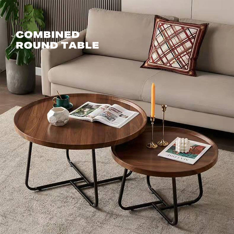 Removable Set of 2 Round Coffee Table  Walnut Nesting Side End Table Furniture