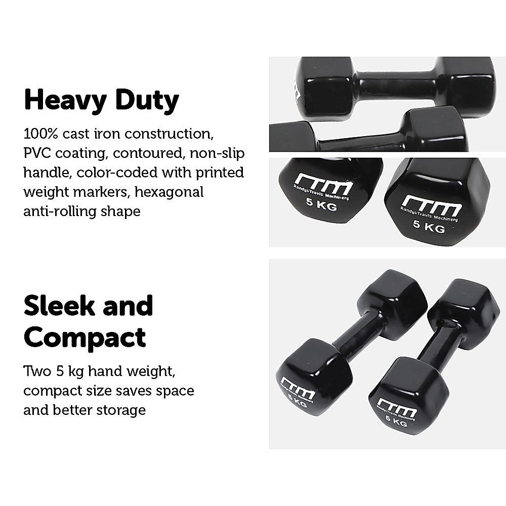 5kg Dumbbells Pair PVC Hand Weights Rubber Coated