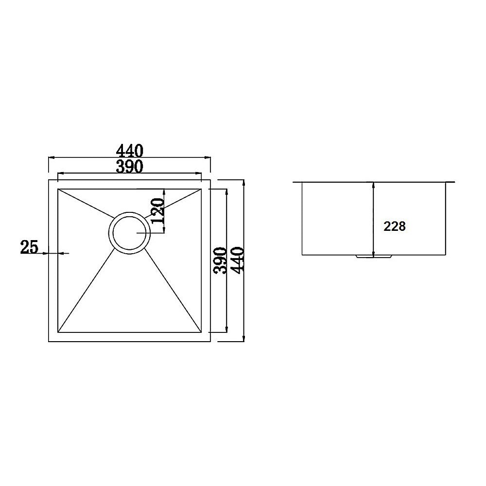 440x440mm Handmade Stainless Steel Undermount / Topmount Kitchen Laundry Sink with Waste