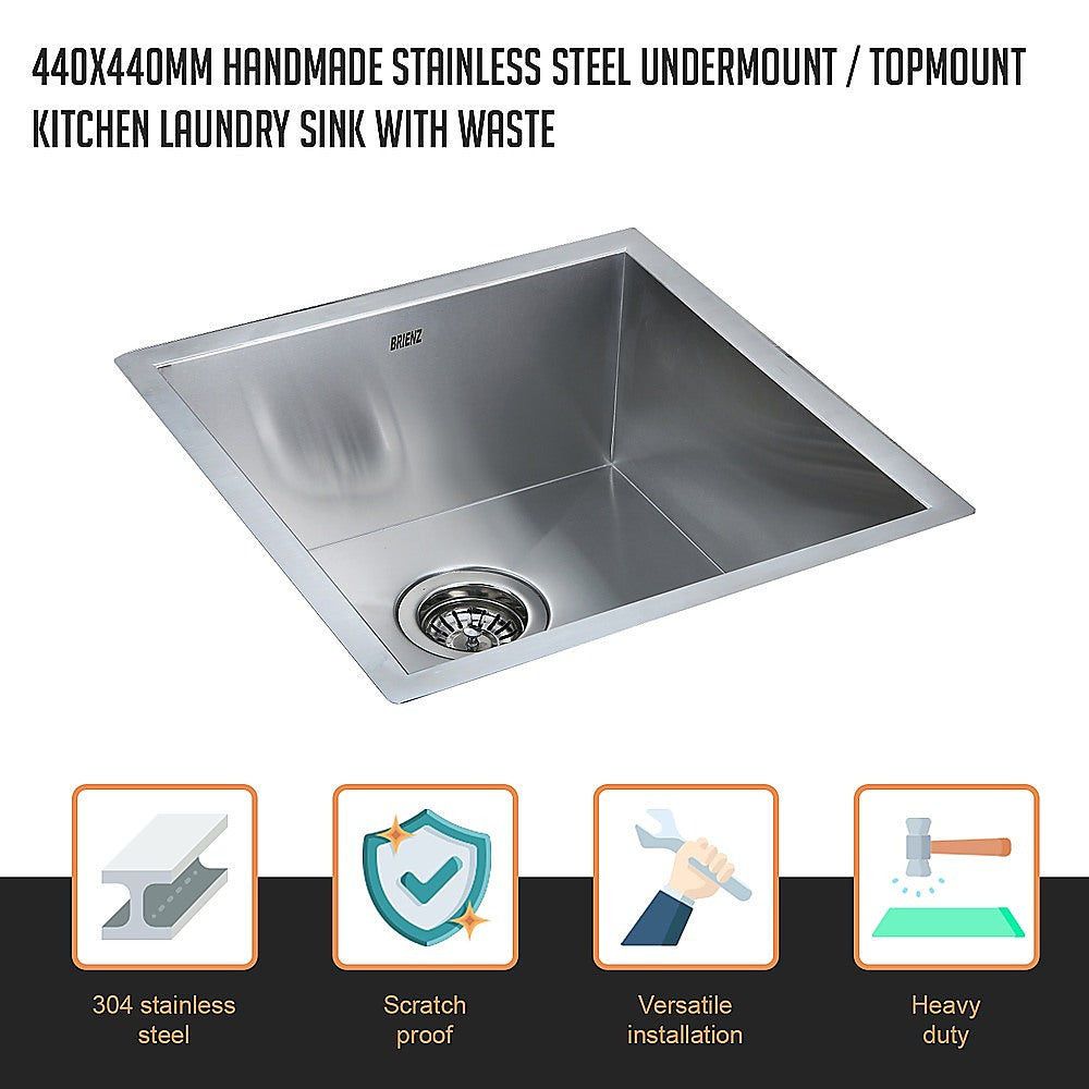 440x440mm Handmade Stainless Steel Undermount / Topmount Kitchen Laundry Sink with Waste