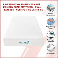 Palermo King Single 25cm Gel Memory Foam Mattress - Dual-Layered - CertiPUR-US Certified