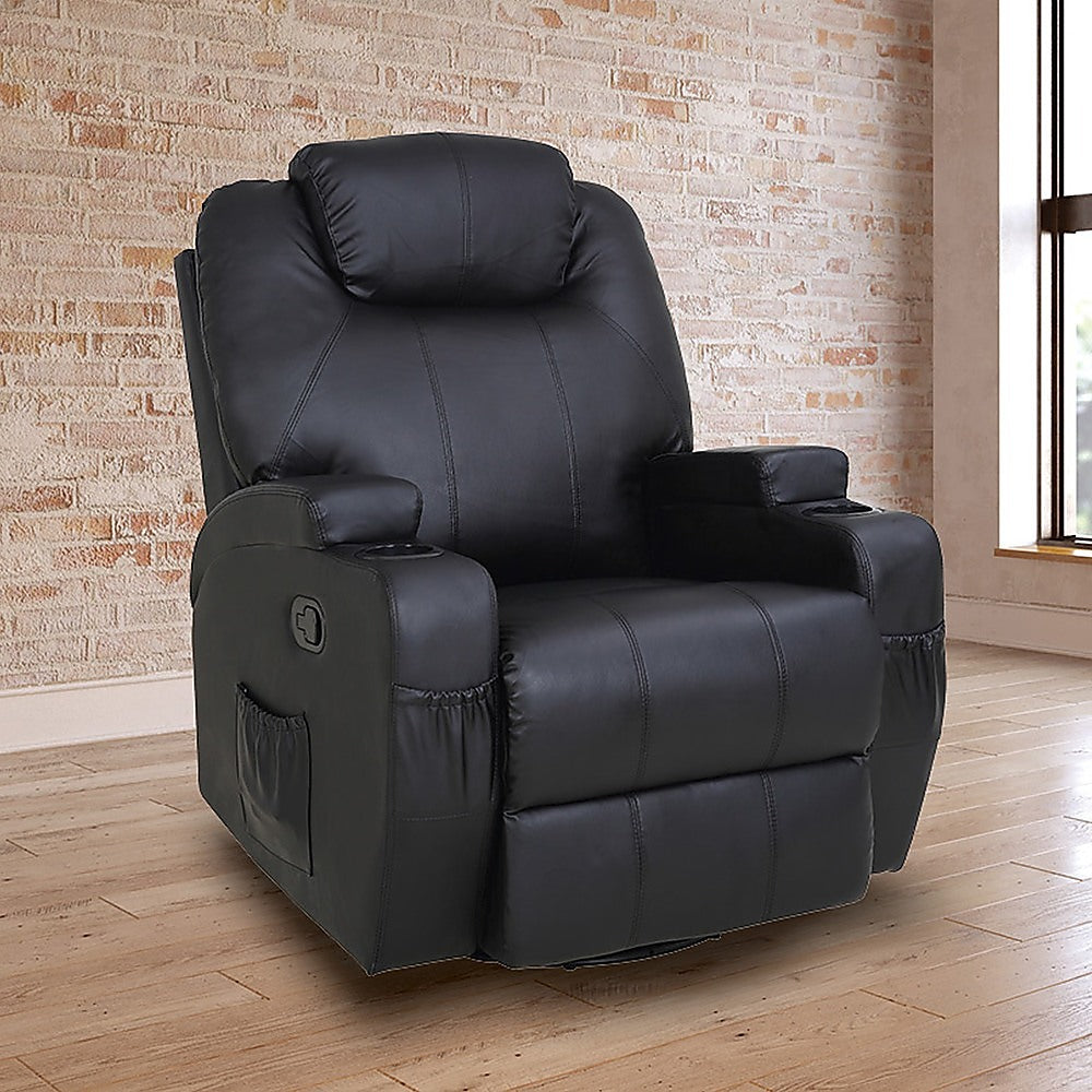 Black Massage Sofa Chair Recliner 360 Degree Swivel PU Leather Lounge 8 Point Heated.