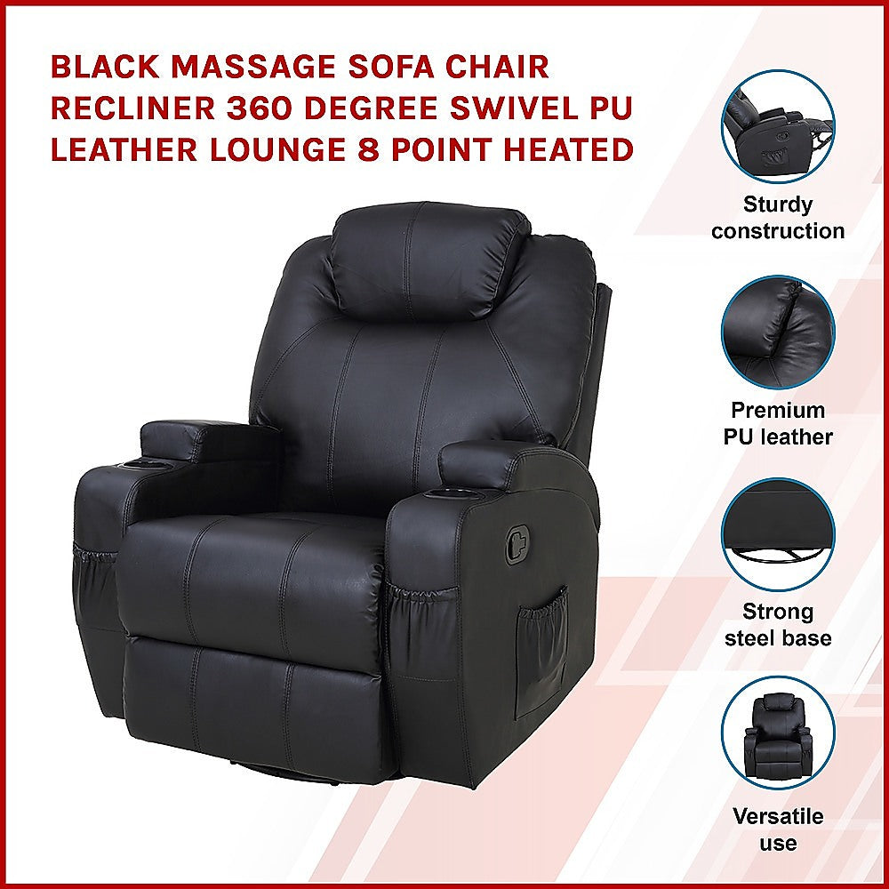 Black Massage Sofa Chair Recliner 360 Degree Swivel PU Leather Lounge 8 Point Heated.