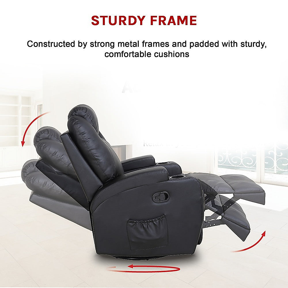 Black Massage Sofa Chair Recliner 360 Degree Swivel PU Leather Lounge 8 Point Heated.