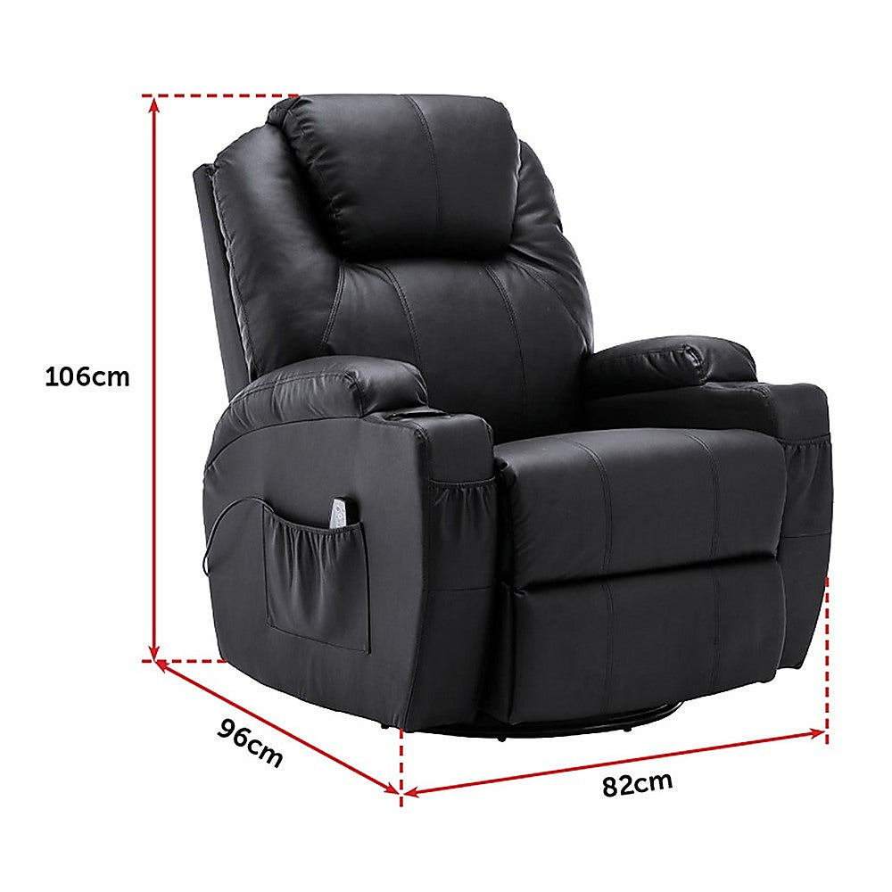 Black Massage Sofa Chair Recliner 360 Degree Swivel PU Leather Lounge 8 Point Heated.
